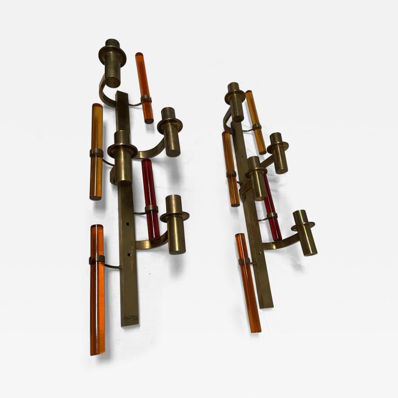 Pair of tall 1970s brass and lucite sconces