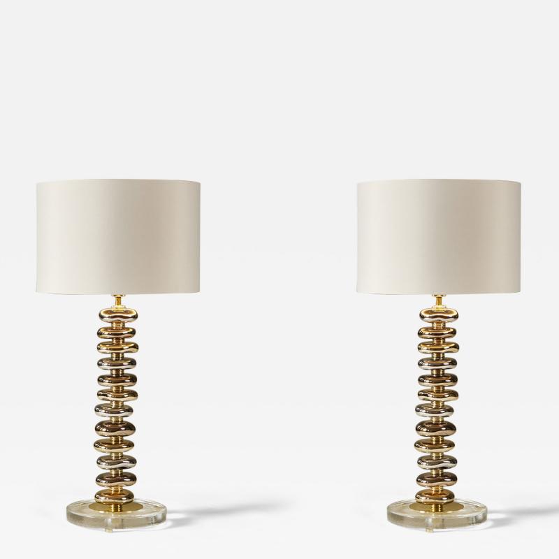 Pair of tall Murano glass metallic and brass Pebble table lamps