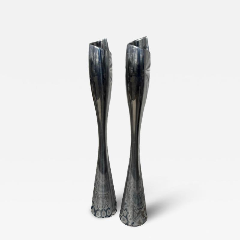 Pair of tall Nambe Polished Aluminum Candleholders