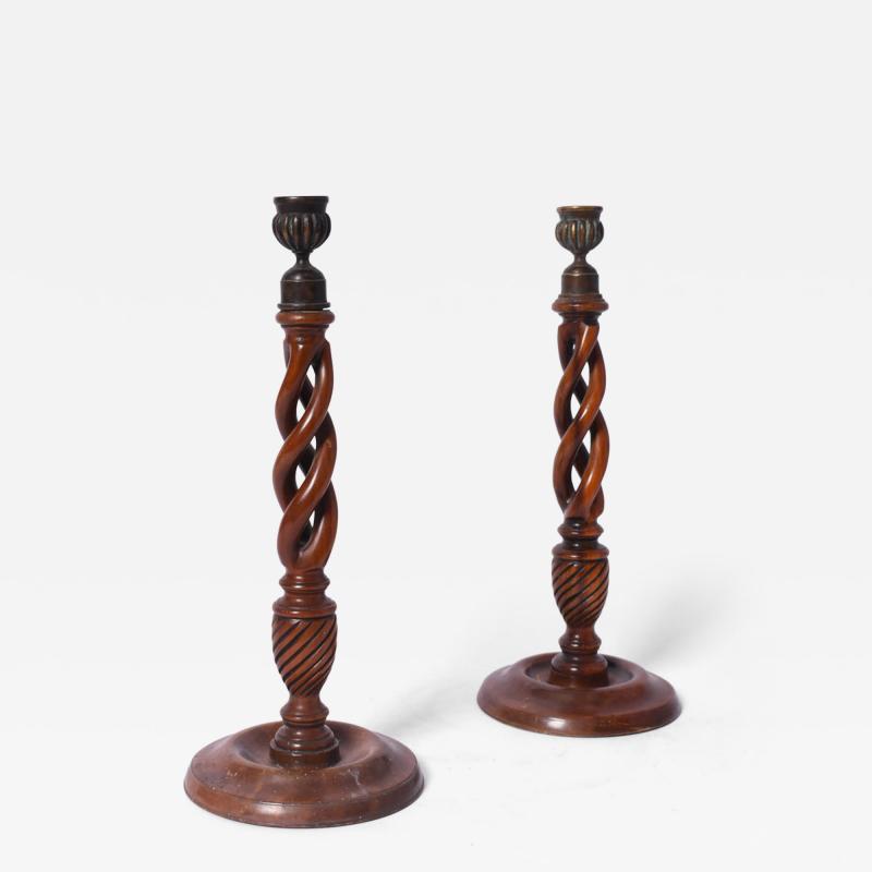 Pair of turned wood candlesticks 19th c 