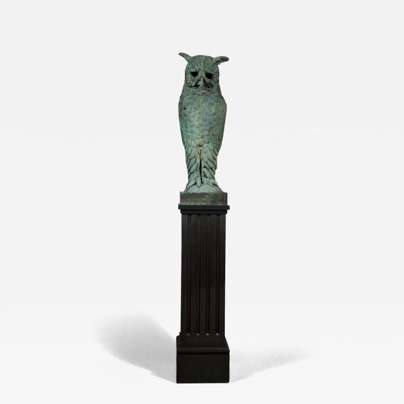 Pair of verdigris bronze and copper sculptures of standing great horned owls