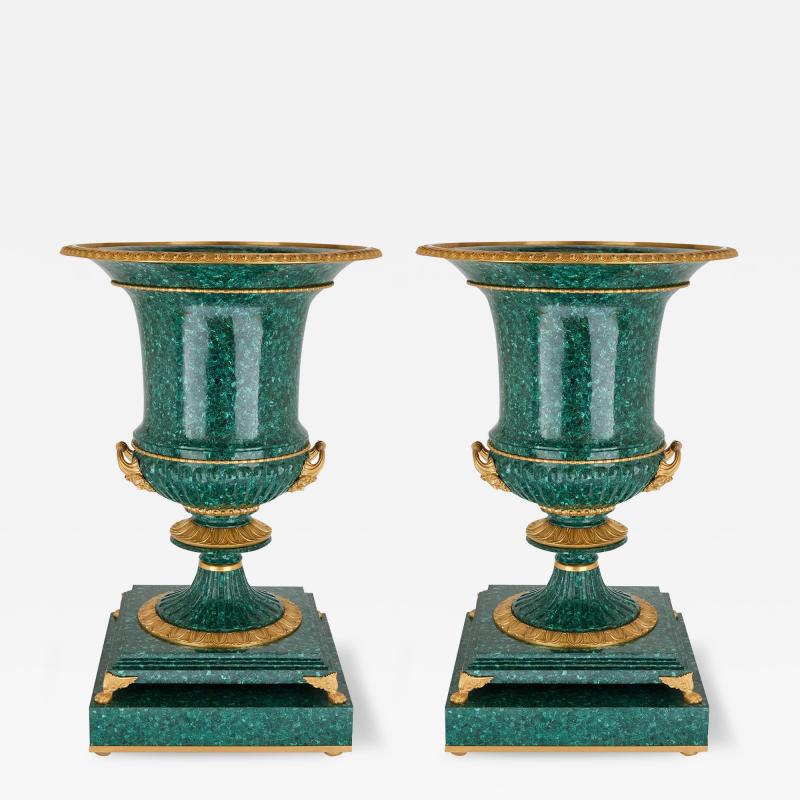 Pair of very large malachite and ormolu vases