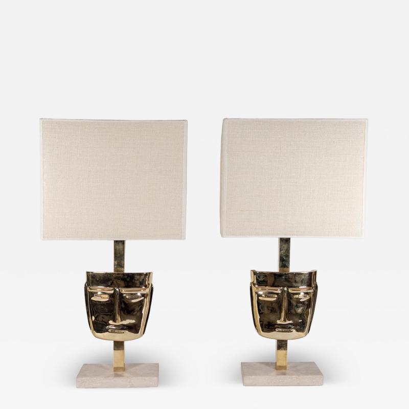 Pair of vintage brass sculpture face mask table lamps