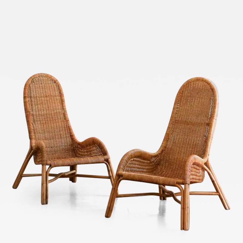 Pair of wicker armchairs with curved backrests 1980s 