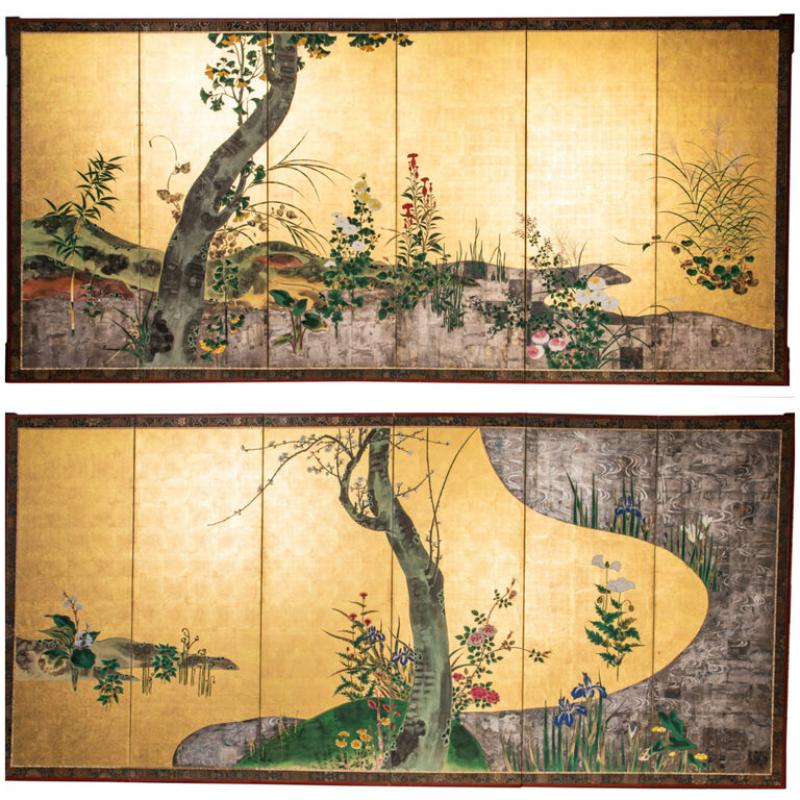 Pair ofJapanese Six Panel Screens Rimpa Flower Landscapes