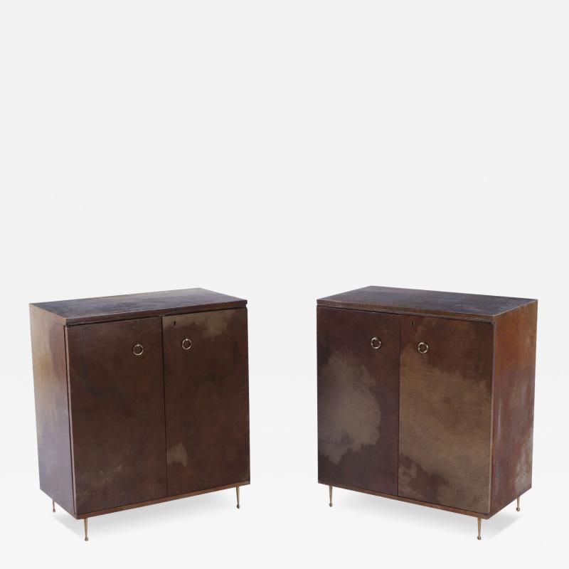 Pair parchment covered two door cabinets C 1950 having adjustable shelves