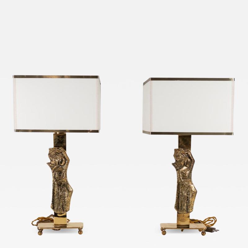 Pair vintage Italian design brass table lamps with solid figure decor