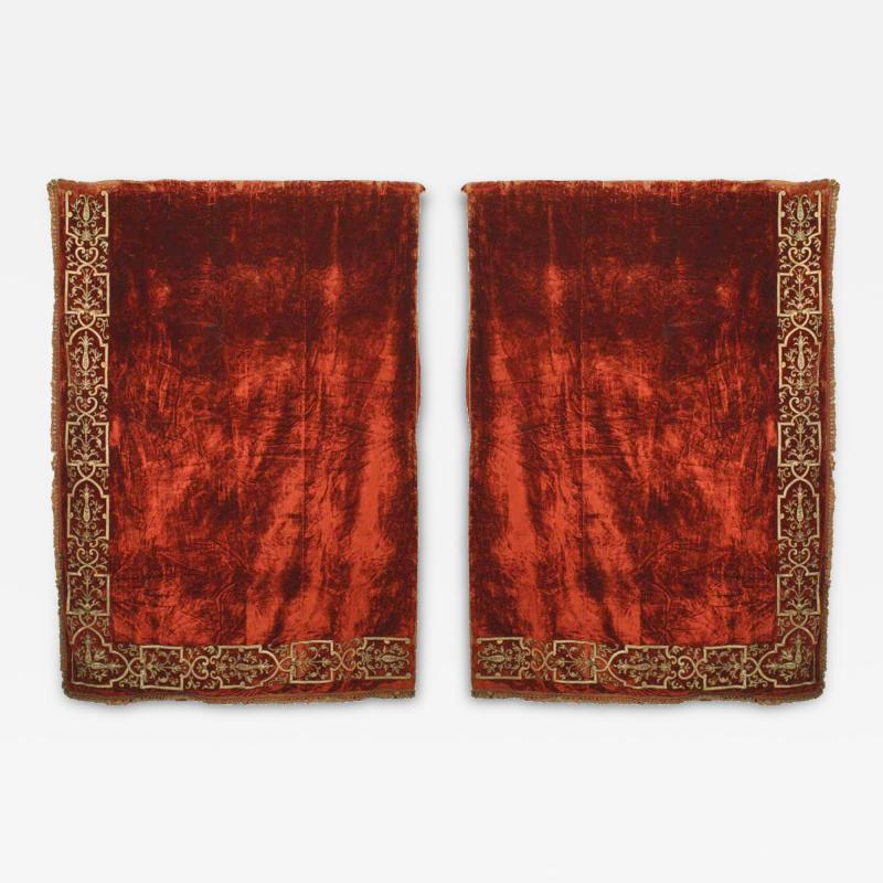 Pairs of Italian Renaissance Style Scarlet Velvet Embroidered Drapes