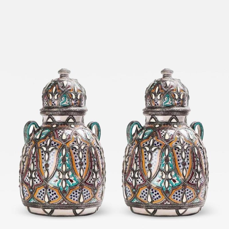 Palatial Lidded Vase or Urn in Ceramic with Brass Inlay a Pair