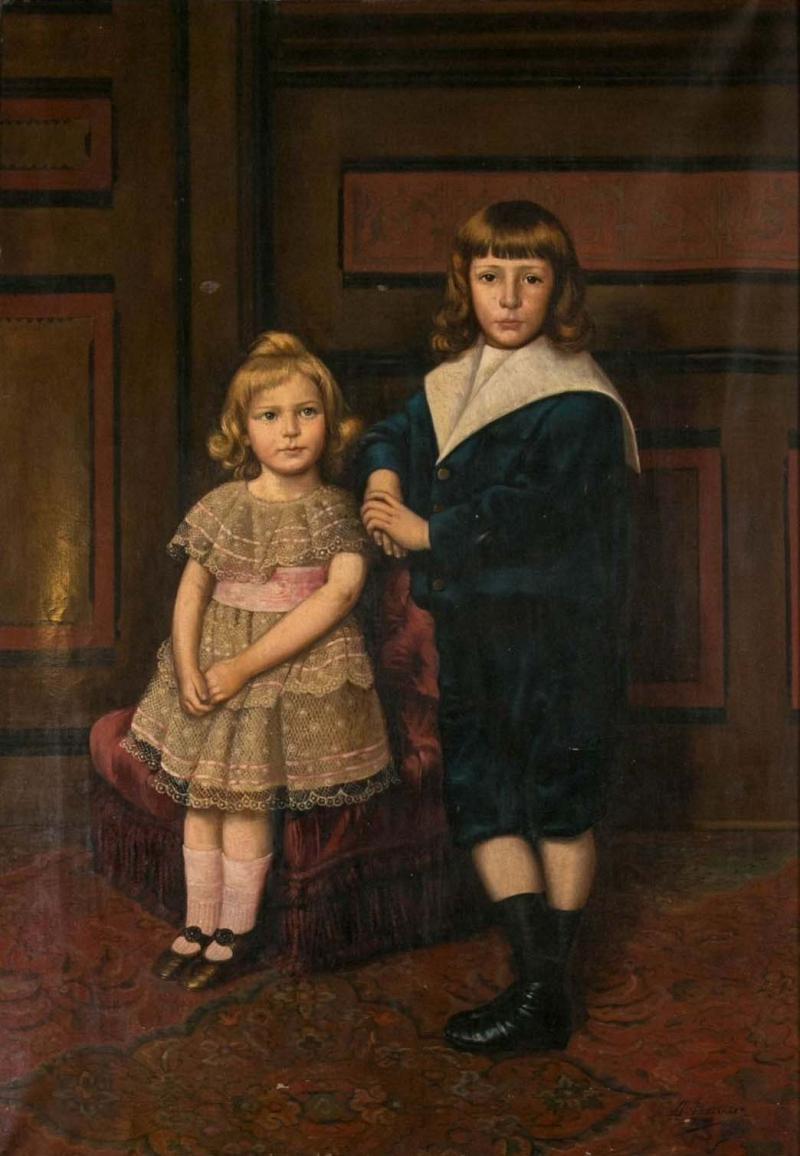 Palatial Oil on Canvas of a Portrait of Siblings Signed J Peellaert