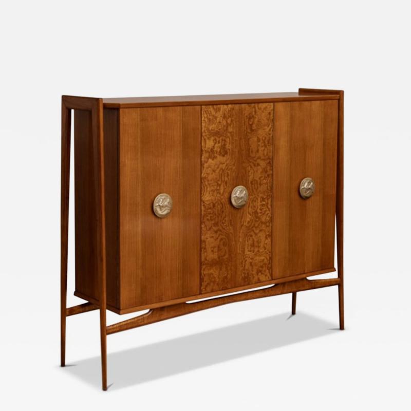 Paolo Buffa 1960s Walnut High Sideboard with Sculptural Brass Handles Italy