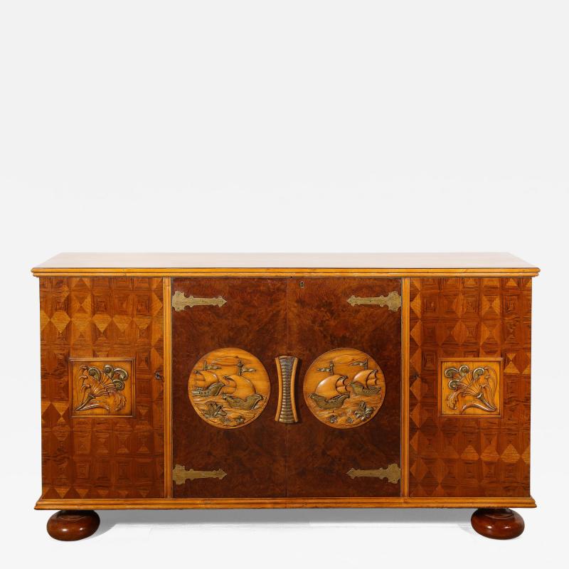 Paolo Buffa Italian Carved Walnut and Parquetry Sideboard with Nautical Reliefs