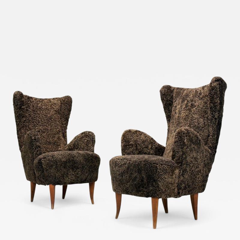 Paolo Buffa Italian Modern Espresso Shearling Walnut Organic Lounge Chairs Italy 1950s