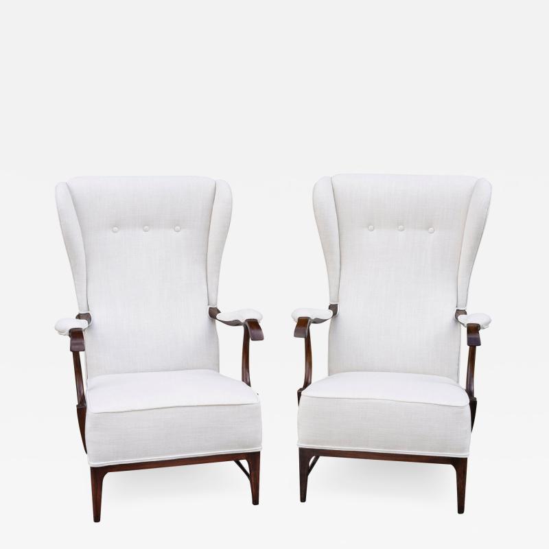 Paolo Buffa PAIR OF WALNUT MID CENTURY MODERN WINGBACK ARMCHAIRS BY PAOLO BUFFA