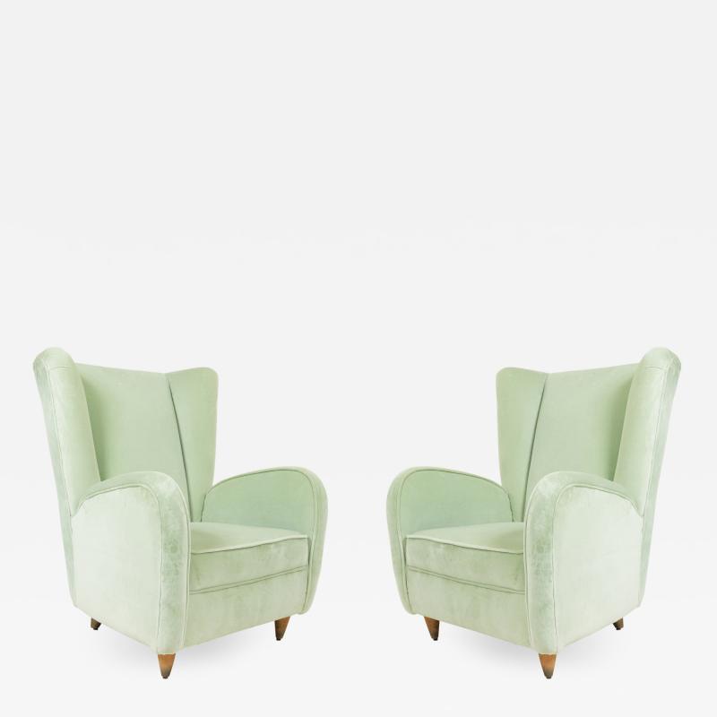 Paolo Buffa Pair of Pair of Paolo Buffa Modernist Wingback Mint Green Velvet Armchairs