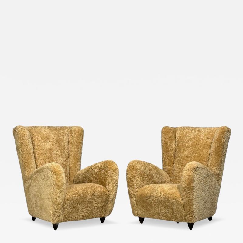 Paolo Buffa Paolo Buffa Attrib Beige Shearling Wood Lounge Chairs Italy 1950s