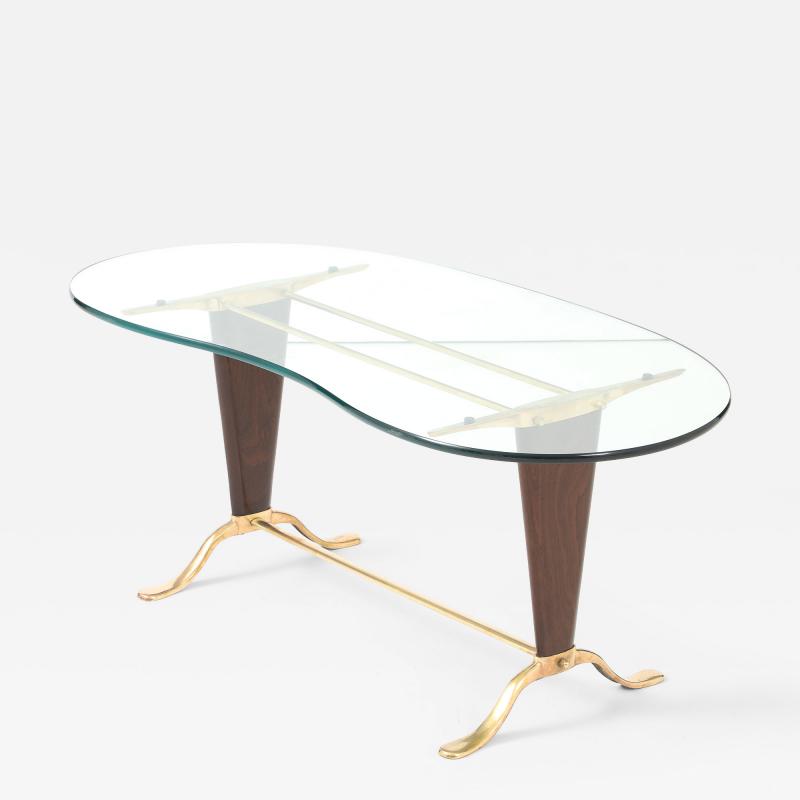 Paolo Buffa Paolo Buffa Style Brass And Walnut Coffee Table With Kidney Shape Glass Top
