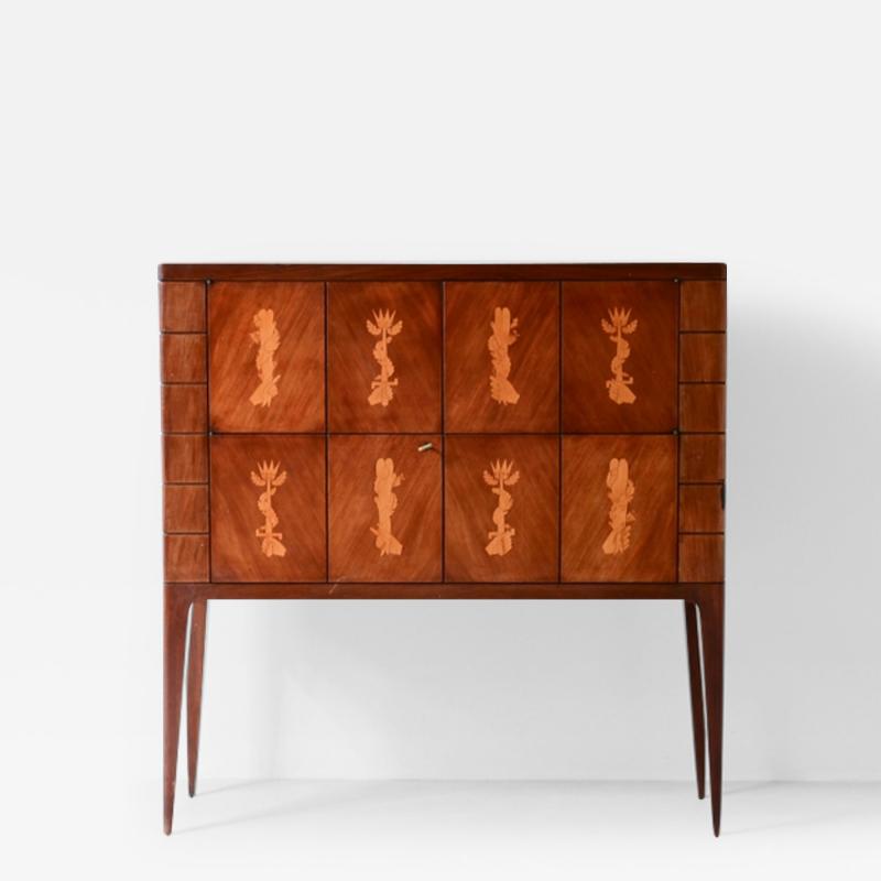 Paolo Buffa Rare walnut bar cabinet with maple inlaid front and lacquered metal interior 