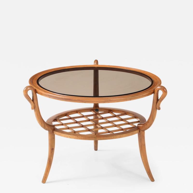 Paolo Buffa Round Two Tiered Cherry Coffee Table with Smoked Glass Top by Paolo Buffa