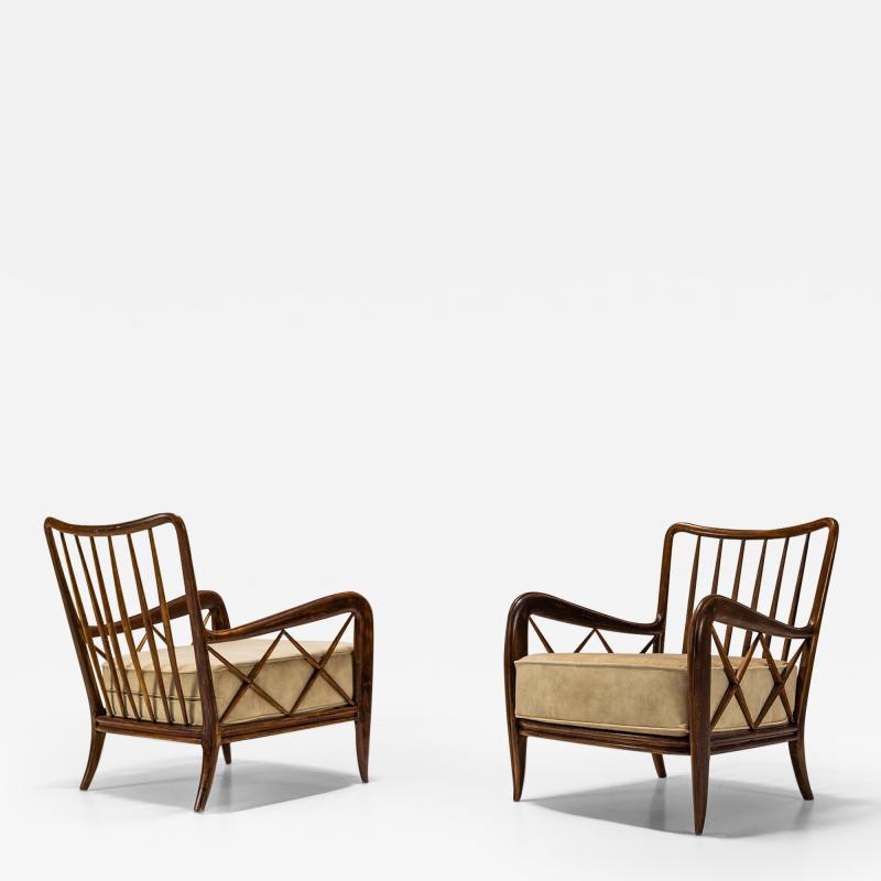 Paolo Buffa Set of Two Lounge Chairs attr to Paolo Buffa in Stained Maple Wood and Velvet