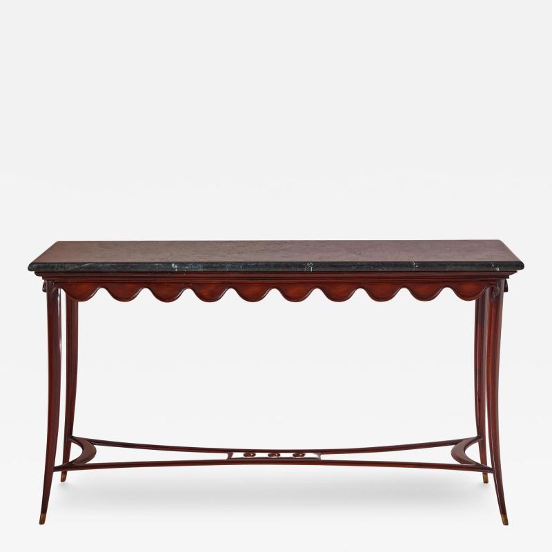 Paolo Buffa Wood and Brass Console with Green Marble Top Italian Manufacture 1950s