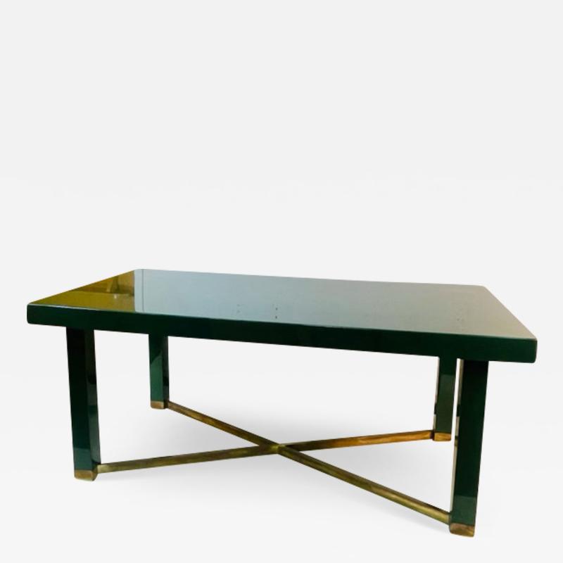 Paolo Gucci MODERNIST DEEP GREEN LACQUERED WOOD BRASS X BASE DINING TABLE BY PAOLO GUCCI