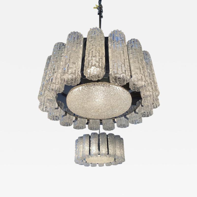 Paolo Venini Pair Italian Modern Polished Nickel and Hand Blown Glass Chandeliers Venini