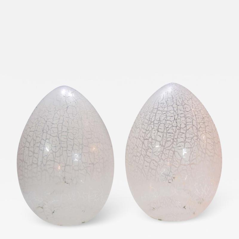 Paolo Venini Pair of Large Murano Glass Egg Lamps in Rare Lacy Pattern Attributed to Venini