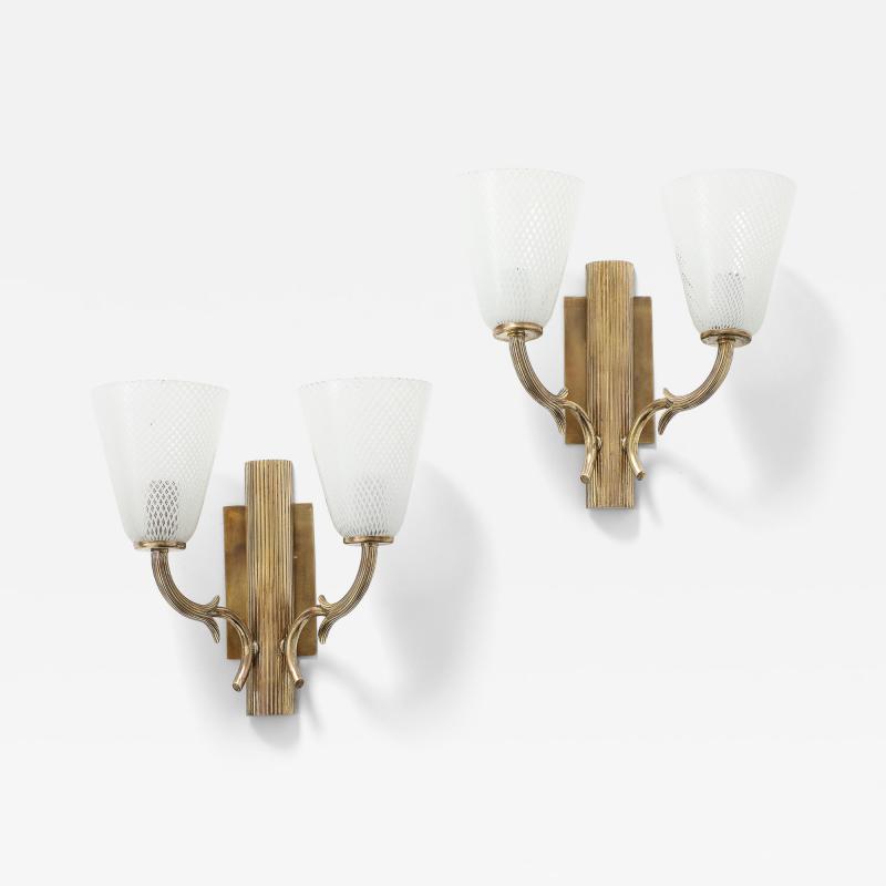 Paolo Venini Venini Reticello Glass and Brass Pair of Wall Sconces circa 1940