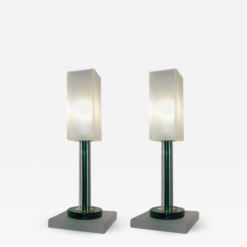 Paolo Venini Venini Vintage Green Pair of Table Lamps with White Frosted Murano Glass Shades