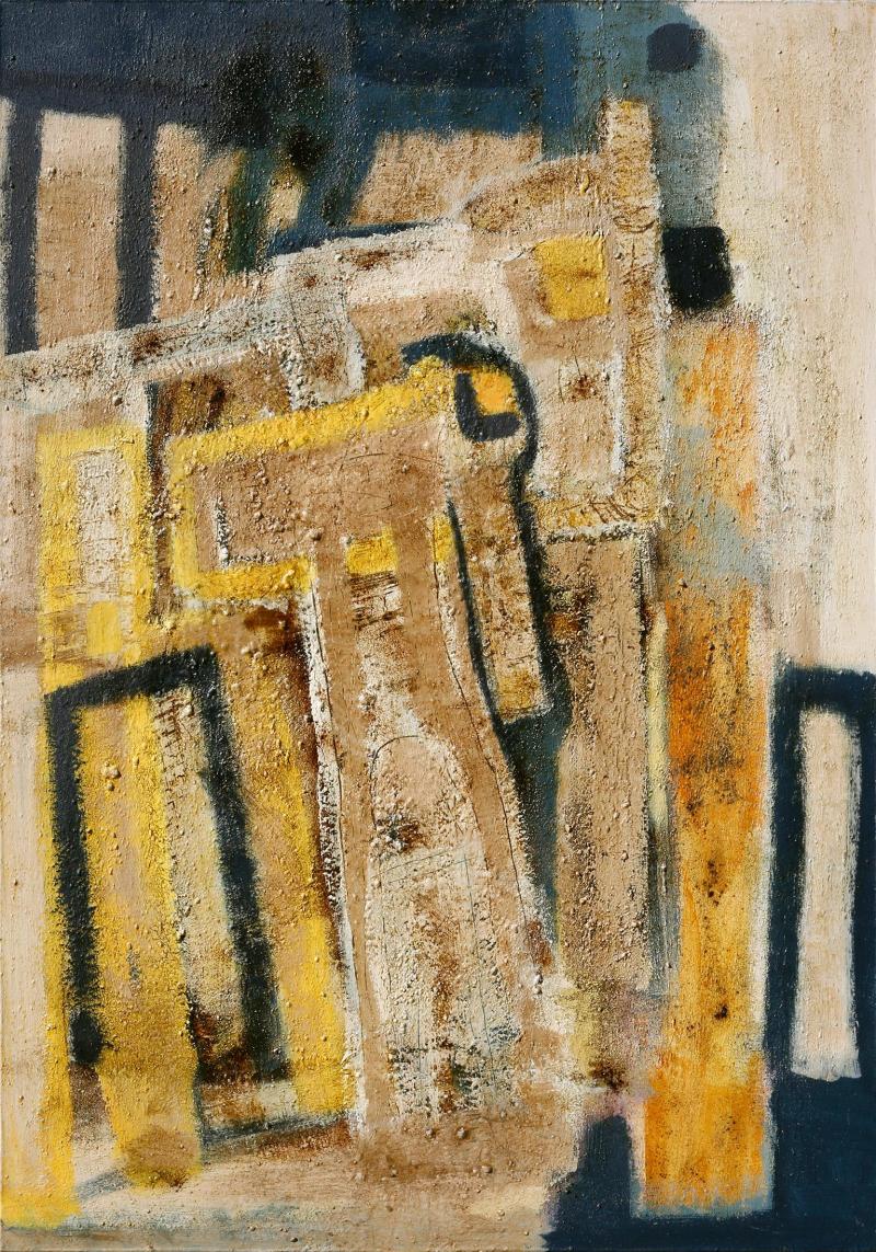 Parris Jaru Before The People Abstract Versus Figurative Painting with Yellow Blue Colors