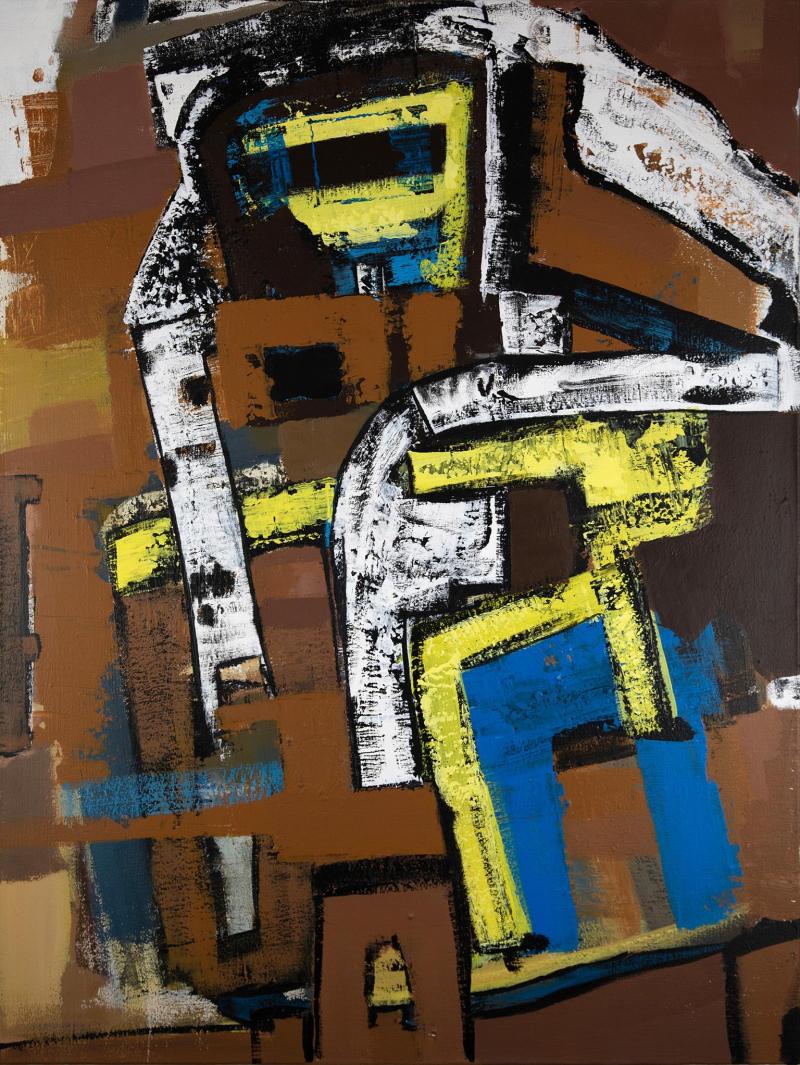 Parris Jaru Building Babylon Abstract Painting with Brown Yellow and Blue Colors