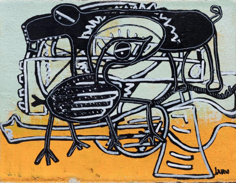 Parris Jaru Gun Control Surrealist Yellow and Black Painting of a Duck Dog and Gun