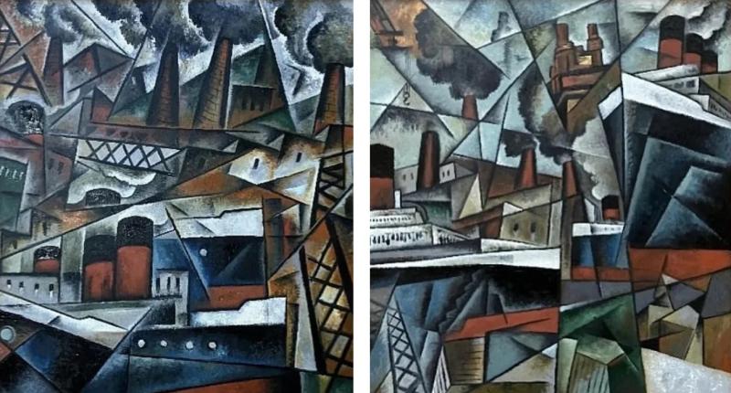 Pascal Jarrion Art Deco Style Cubist Oil Painting Along the Wharf The Harbor by P Jarrion