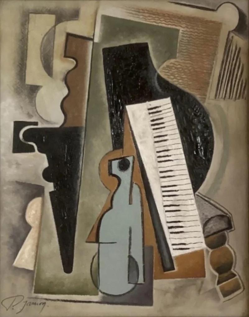 Pascal Jarrion Art Deco Style Cubist Oil Painting Le Piano by Pascal Jarrion