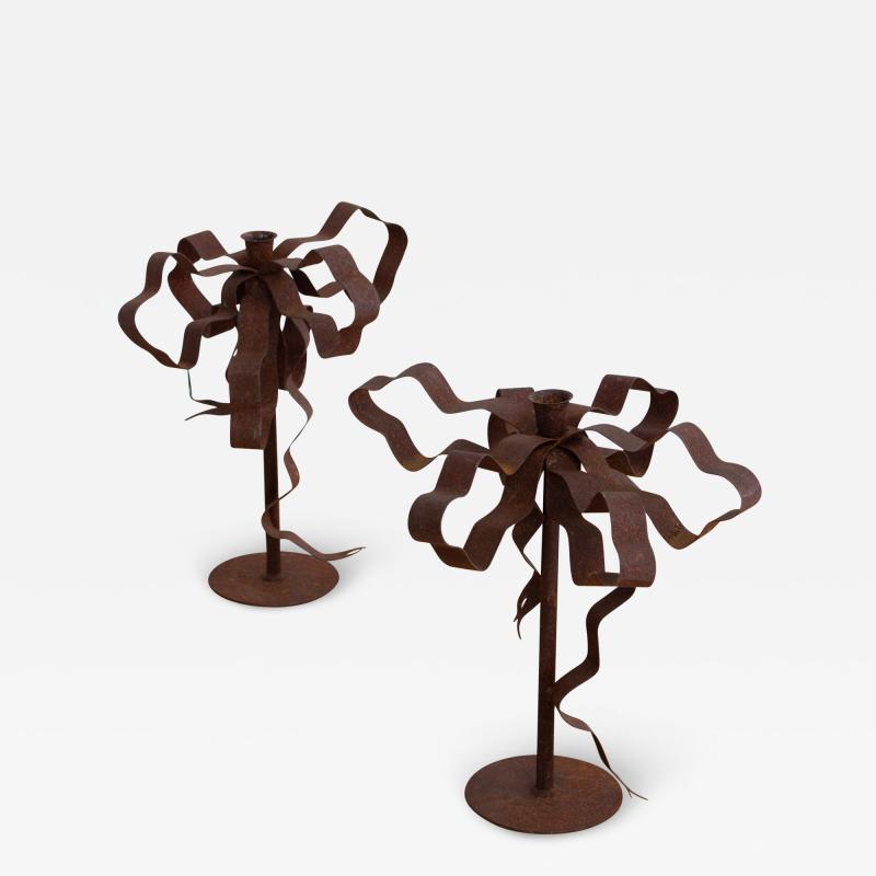 Patinaed Ribbon Bow Candlesticks a Pair