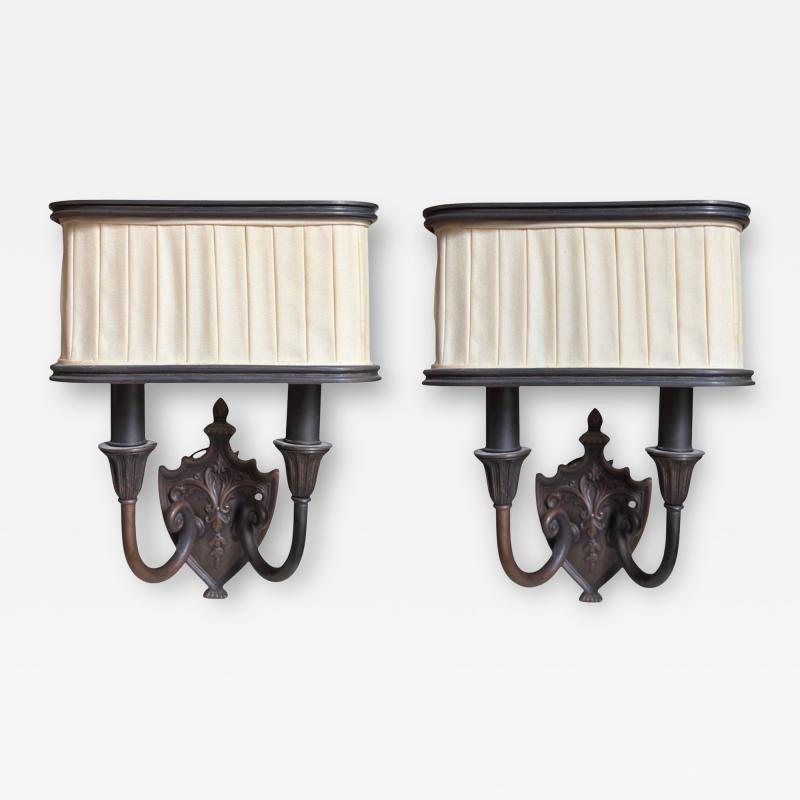 Patinated Bronze Shield Back Light Sconces a Pair
