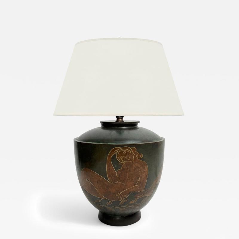 Patinated Metal Table Lamp with Handpainted Women