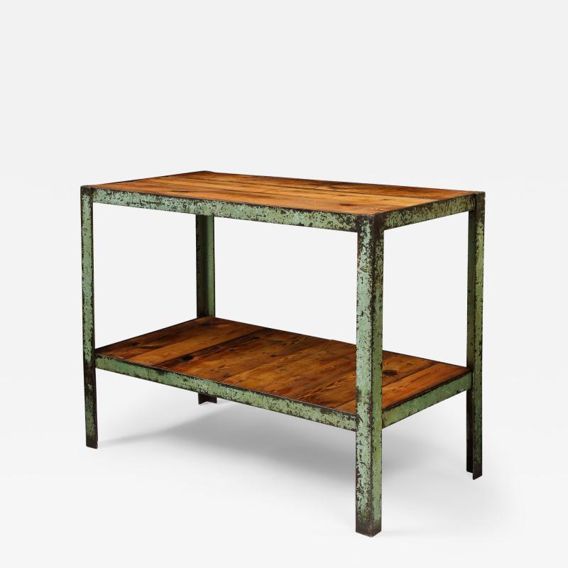 Patinated Metal and European Pine Industrial Side Table Console with Shelf