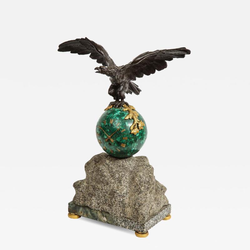 Patriotic French Patinated Bronze Eagle and Malachite Clock on Granite Base 1889