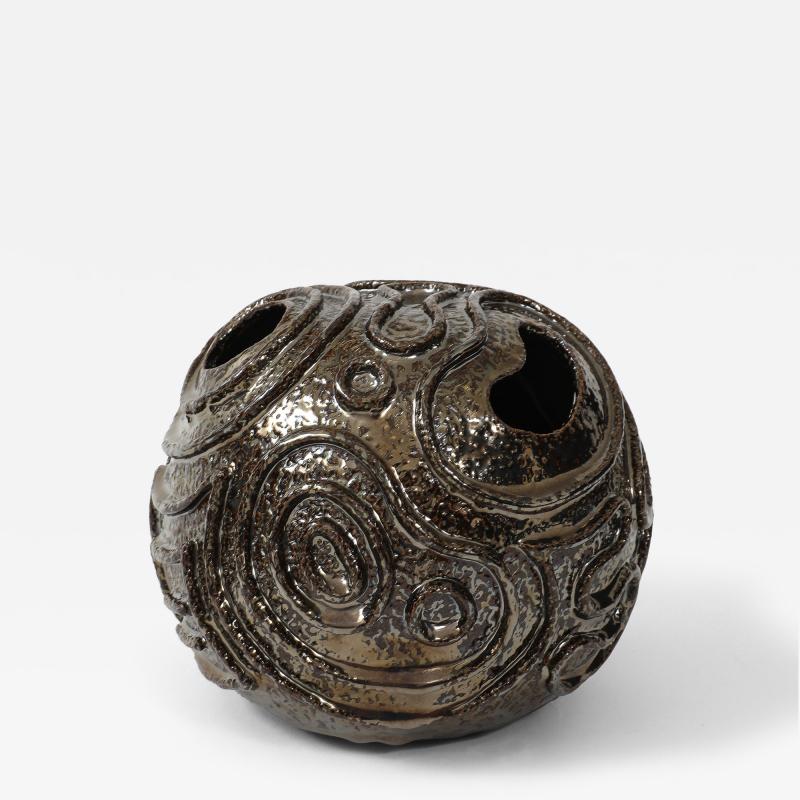 Patterned Ceramic Moonvase with Reflective Black Chrome Glaze Made By Aram C 