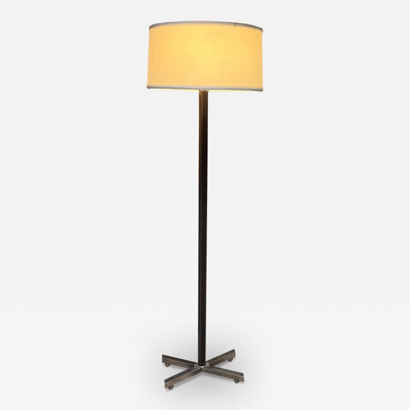 Paul Dupr Lafon 1980s Stitched Leather Floor Lamp Steel X Base after Paul Dupr Lafon