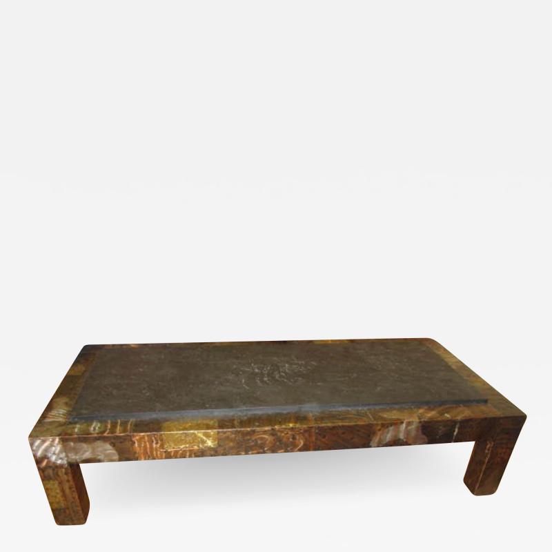Paul Evans Fabulous Paul Evans Brutalist Metal Patchwork Coffee Table Signed Slate Top