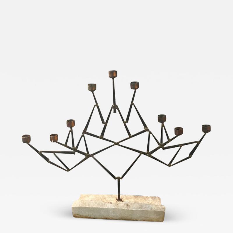 Paul Evans MID CENTURY BRUTALIST MIXED METALS CANDELABRA ON NATURAL MARBLE BASE