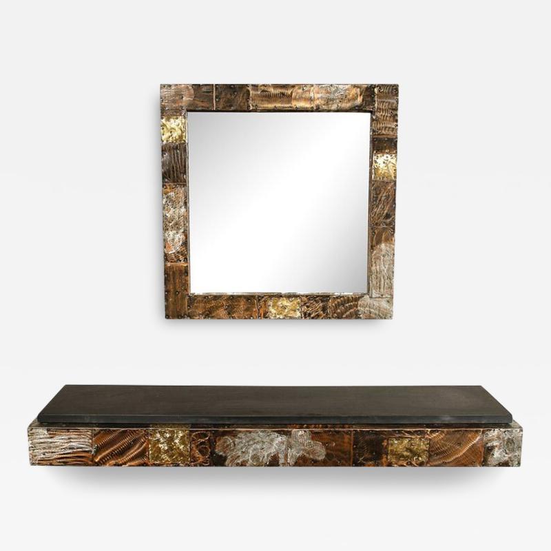 Paul Evans Mid Century Brutalist Patchwork Mirror and Wall Mounted Console by Paul Evans