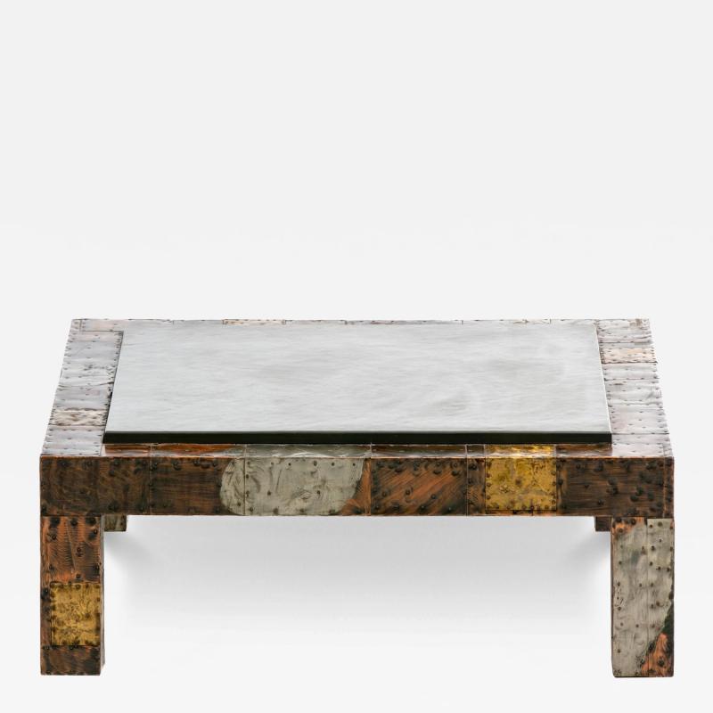 Paul Evans Paul Evans Brutalist Patchwork of Metals Slate Top Coffee Table c 1970s