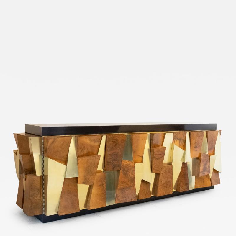 Paul Evans Paul Evans Burled Walnut and Brass Faceted Cabinet USA 1980