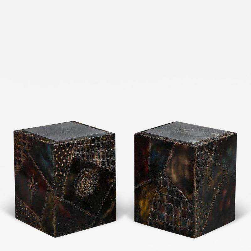 Paul Evans Paul Evans PE 20 Cube Side Tables Inset Slate Oxidized Steel Bronze Signed