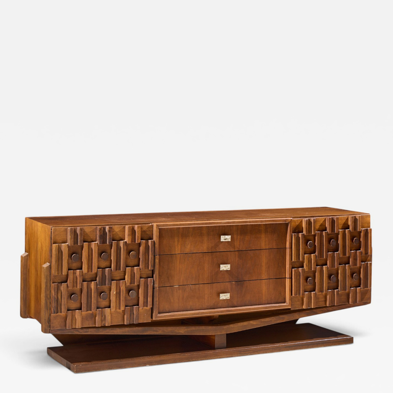 Paul Evans Paul Evans Style Canadian Brutalist Walnut 9 Drawer Pedestal Lowboy Dresser