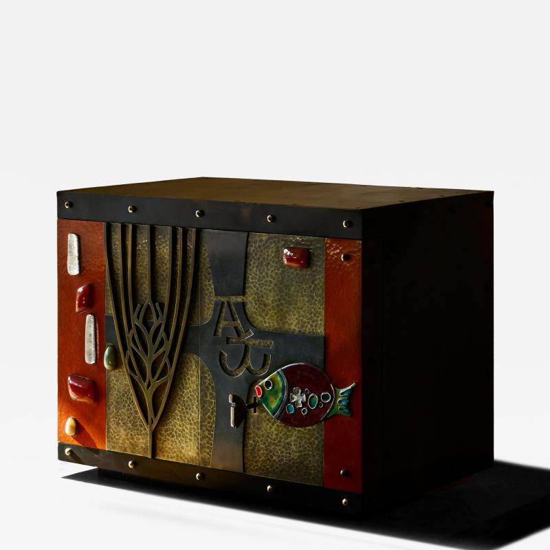 Paul Evans Stunning Mid Century Cabinet in Brass Metal Enamel and Gemstones Belgium 1960s